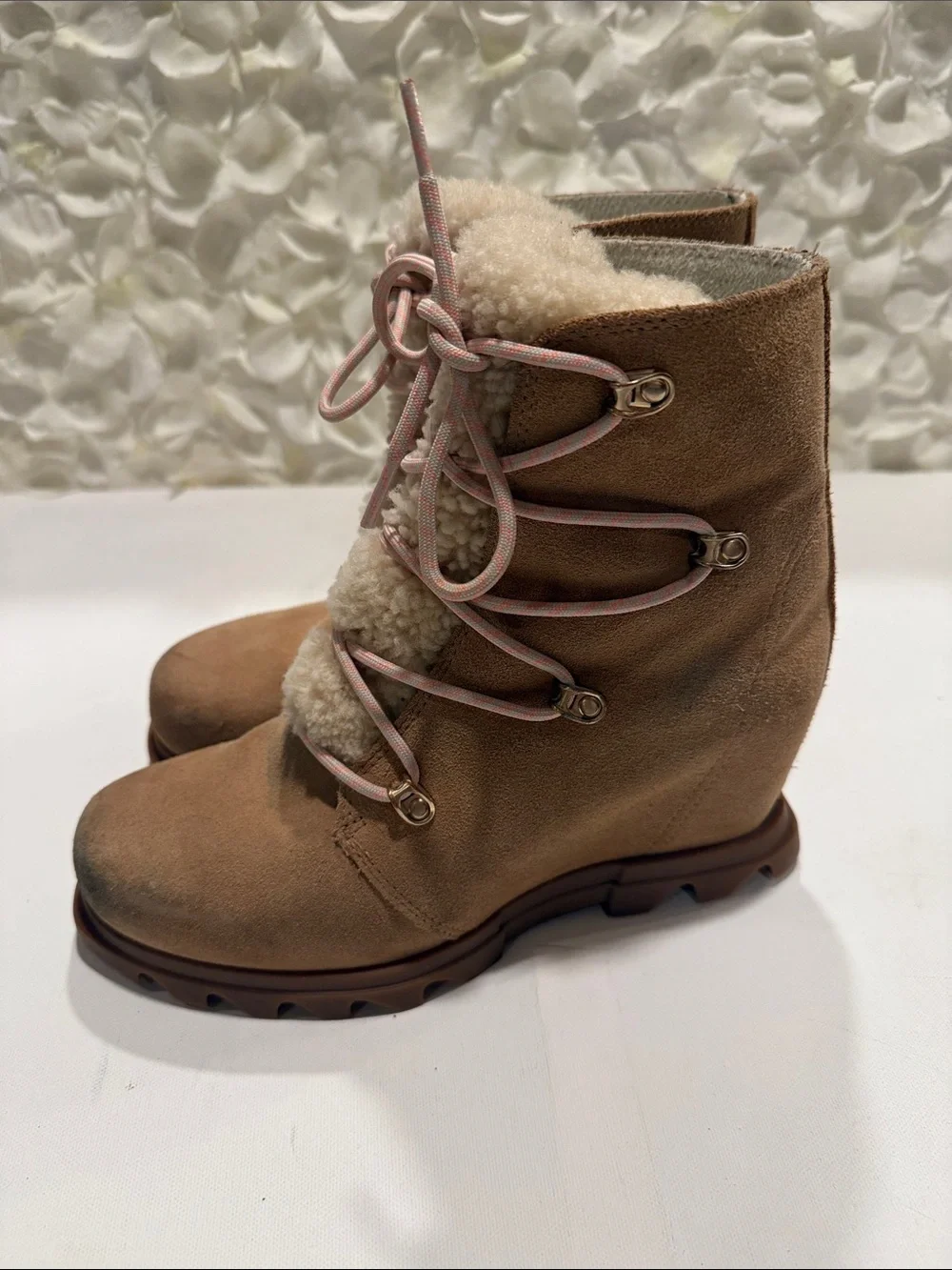 Sorel Tan Suede Winter Boots with Pink Laces